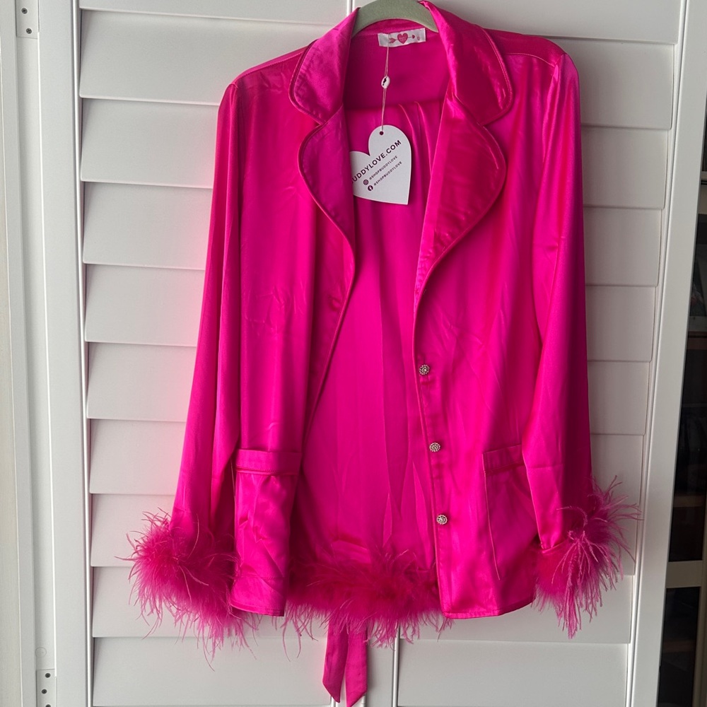 NWT Buddy Love long sleeve and pant pajamas set with feather trim